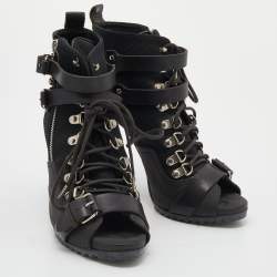 Pre Owned Balenciaga Black Leather And Fabric Open Toe Lace Up Ankle Booties Size 39