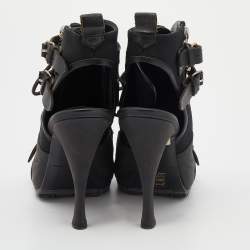 Pre Owned Balenciaga Black Leather And Fabric Open Toe Lace Up Ankle Booties Size 39