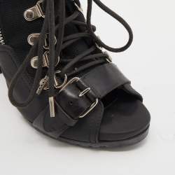 Pre Owned Balenciaga Black Leather And Fabric Open Toe Lace Up Ankle Booties Size 39