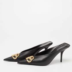 مملوكة مسبقًا Balenciaga Black Leather BB  Pointed Toe Mules Size 37