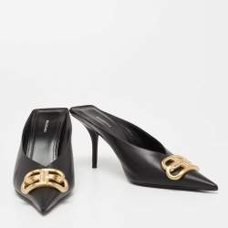 مملوكة مسبقًا Balenciaga Black Leather BB  Pointed Toe Mules Size 37