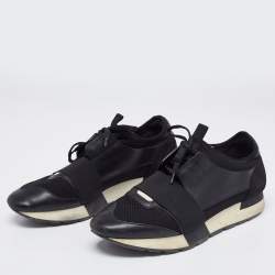 Pre Owned Balenciaga Black Leather, Mesh and Neoprene Race Runner Sneakers Size 40