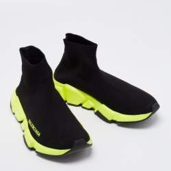 Pre Owned Balenciaga Black/Neon Green Knit Fabric Speed Trainer Sock Sneakers Size 37