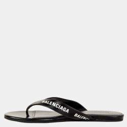 Pre Owned Balenciaga Black Leather Printed Flip Flops EU 37