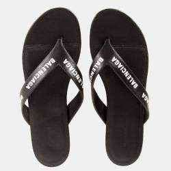 Pre Owned Balenciaga Black Leather Printed Flip Flops EU 37