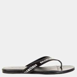 Pre Owned Balenciaga Black Leather Printed Flip Flops EU 37