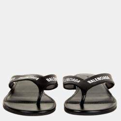 Pre Owned Balenciaga Black Leather Printed Flip Flops EU 37