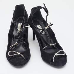 Pre Owned Balenciaga Black Suede Boucle Bow Ankle Strap Sandals Size 37