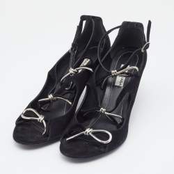 Pre Owned Balenciaga Black Suede Boucle Bow Ankle Strap Sandals Size 37