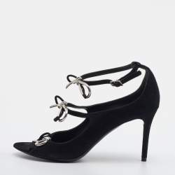 Pre Owned Balenciaga Black Suede Boucle Bow Ankle Strap Sandals Size 37