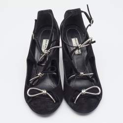 Pre Owned Balenciaga Black Suede Boucle Bow Ankle Strap Sandals Size 37