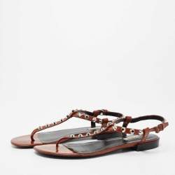 Pre Owned Balenciaga Brown Patent Leather Arena Studded Strappy Flat Thong Sandals Size 41