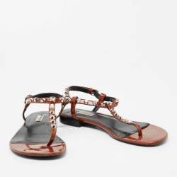 Pre Owned Balenciaga Brown Patent Leather Arena Studded Strappy Flat Thong Sandals Size 41