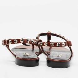 Pre Owned Balenciaga Brown Patent Leather Arena Studded Strappy Flat Thong Sandals Size 41