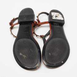 Pre Owned Balenciaga Brown Patent Leather Arena Studded Strappy Flat Thong Sandals Size 41