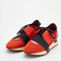 Pre Owned Balenciaga Red Suede And Leather Race Runner Sneakers Size 38