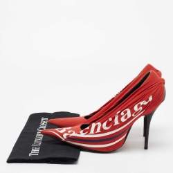 Pre Owned Balenciaga Red Fabric And Leather Knife Logo Pointed Toe Pumps Size 39