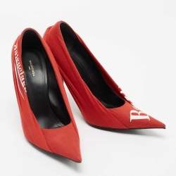 Pre Owned Balenciaga Red Fabric And Leather Knife Logo Pointed Toe Pumps Size 39