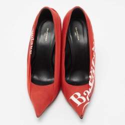 Pre Owned Balenciaga Red Fabric And Leather Knife Logo Pointed Toe Pumps Size 39