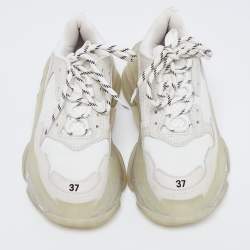 مملوكة مسبقًا حذاء رياضي بالنسياغا تريبل أس جلد وشبك أبيض / رصاصي عنق منخفض شفاف مقاس 37