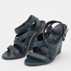 مملوكة مسبقًا صندل بالنسياغا جلد أخضر بروغي كعب روكي مقاس 38.5