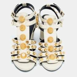 Pre Owned Balenciaga Cream Leather Arena Studded Gladiator Block Heel Sandals Size 38