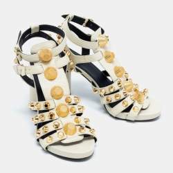 Pre Owned Balenciaga Cream Leather Arena Studded Gladiator Block Heel Sandals Size 38