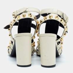Pre Owned Balenciaga Cream Leather Arena Studded Gladiator Block Heel Sandals Size 38