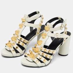 Pre Owned Balenciaga Cream Leather Arena Studded Gladiator Block Heel Sandals Size 38