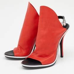 Pre Owned Balenciaga Orange/Silver Leather Glove Open Toe Slingback Sandals Size 39