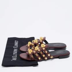 Pre Owned Balenciaga Dark Burgundy Leather Arena Flat Slides Size 37