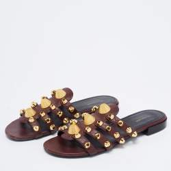 Pre Owned Balenciaga Dark Burgundy Leather Arena Flat Slides Size 37