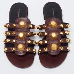 Pre Owned Balenciaga Dark Burgundy Leather Arena Flat Slides Size 37