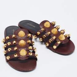 Pre Owned Balenciaga Dark Burgundy Leather Arena Flat Slides Size 37