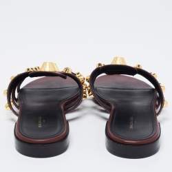 Pre Owned Balenciaga Dark Burgundy Leather Arena Flat Slides Size 37