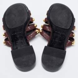 Pre Owned Balenciaga Dark Burgundy Leather Arena Flat Slides Size 37