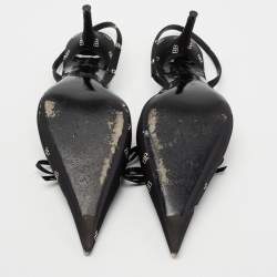 Pre Owned Balenciaga Black Logo Print Satin Knife Slingback Pumps Size 39