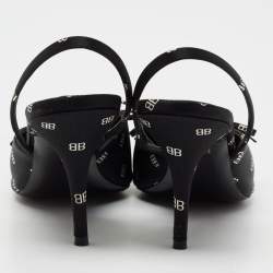 Pre Owned Balenciaga Black Logo Print Satin Knife Slingback Pumps Size 39