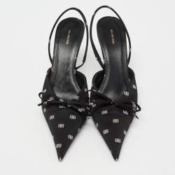Pre Owned Balenciaga Black Logo Print Satin Knife Slingback Pumps Size 39