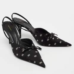 Pre Owned Balenciaga Black Logo Print Satin Knife Slingback Pumps Size 39