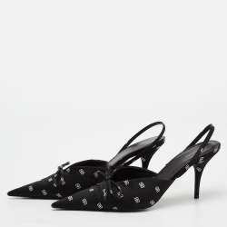 Pre Owned Balenciaga Black Logo Print Satin Knife Slingback Pumps Size 39