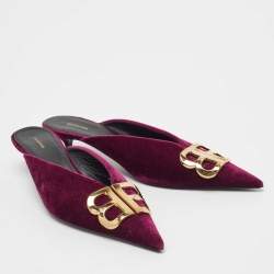 Pre Owned Balenciaga Burgundy Velvet BB Logo Knife Mules Size 39