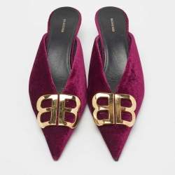 Pre Owned Balenciaga Burgundy Velvet BB Logo Knife Mules Size 39