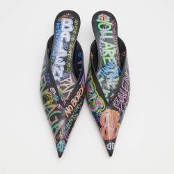 Balenciaga Black Graffiti Leather Knife Pointed Toe Mules Size 40