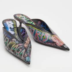 Balenciaga Black Graffiti Leather Knife Pointed Toe Mules Size 40