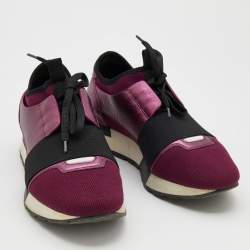 مملوكة مسبقًا Balenciaga Metallic Burgundy Leather And Knit Fabric Race Runner Low Top Sneakers Size 38