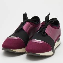 مملوكة مسبقًا Balenciaga Metallic Burgundy Leather And Knit Fabric Race Runner Low Top Sneakers Size 38