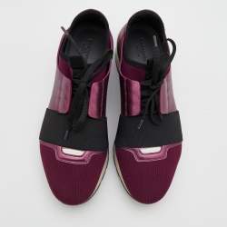 مملوكة مسبقًا Balenciaga Metallic Burgundy Leather And Knit Fabric Race Runner Low Top Sneakers Size 38