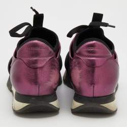 مملوكة مسبقًا Balenciaga Metallic Burgundy Leather And Knit Fabric Race Runner Low Top Sneakers Size 38