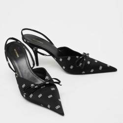 Pre Owned Balenciaga Black BB Logo Satin Knife Slingback Pumps Size 38